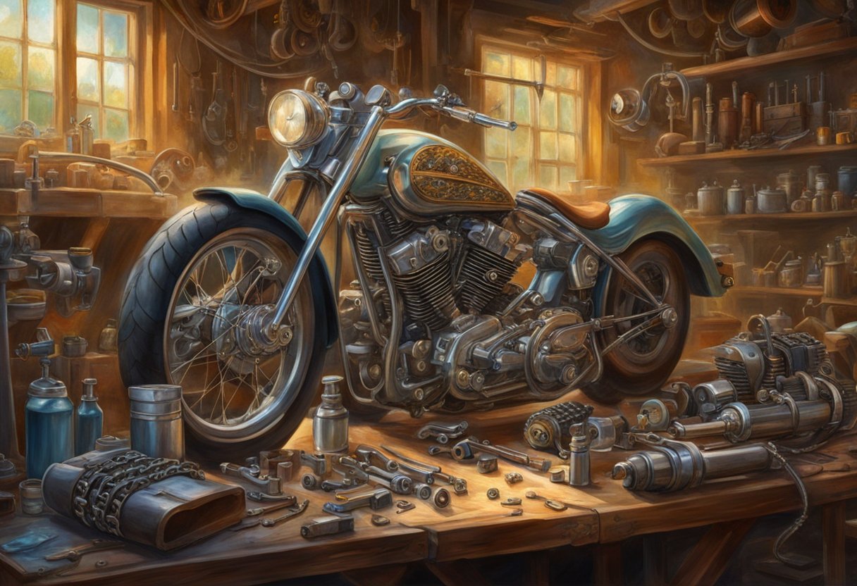 A motorcycle engine sits on a workbench, with the cam chain exposed and a mechanic's tools scattered around. The mechanic is inspecting the chain for signs of stretching