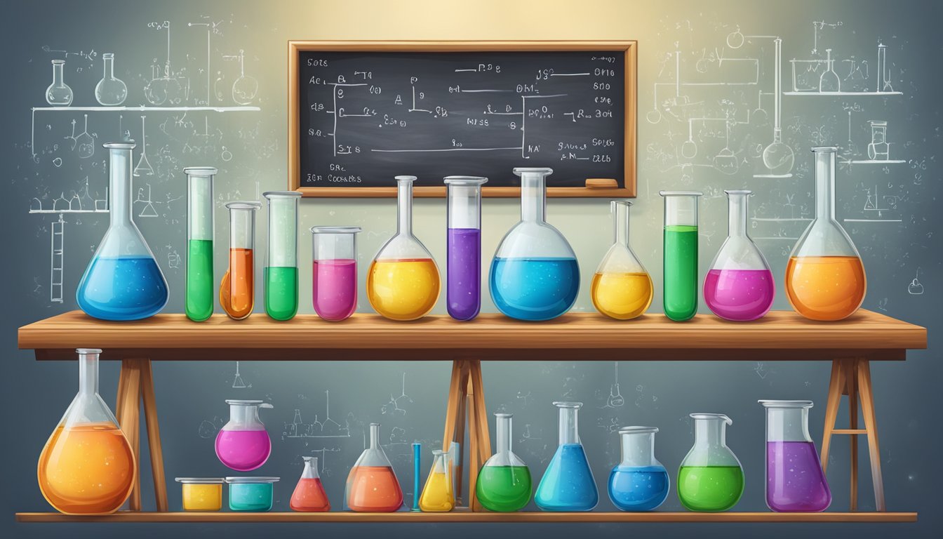 A chemistry lab with colorful beakers, bubbling test tubes, and a chalkboard filled with chemical equations