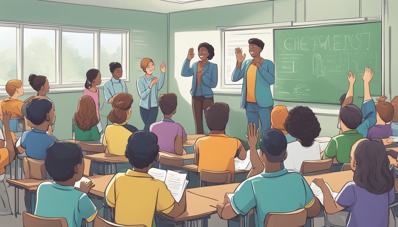 A group of students surround a chemyst tuition sign, raising their hands to ask questions. The tutor stands at the front, answering with a smile