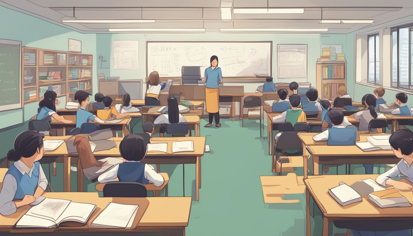 A classroom filled with students and a tutor at the front teaching economics in Bishan. Books and notes scattered on desks