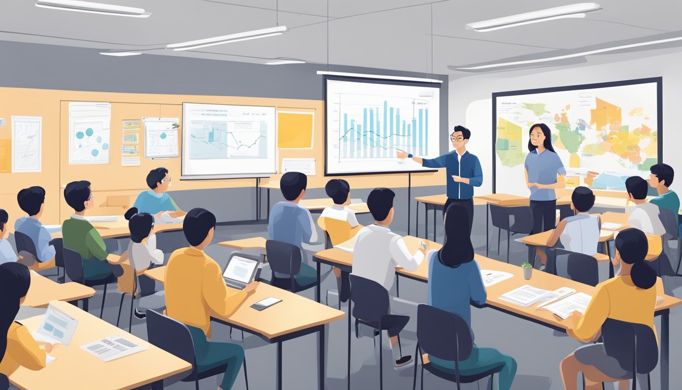 A classroom in Bishan with a whiteboard filled with economic concepts, students engaged in discussion, and a tutor explaining key principles
