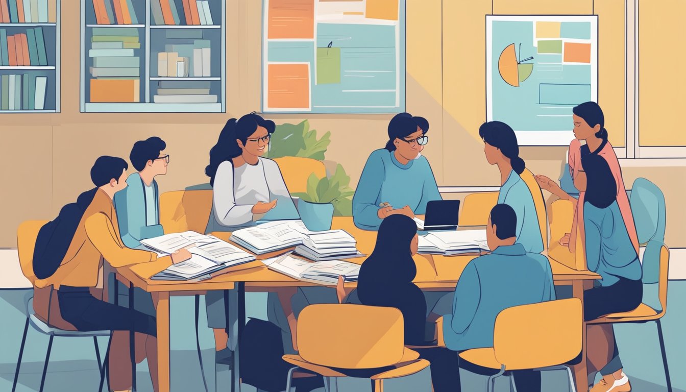 Students engaged in lively discussion, surrounded by textbooks and charts. The tutor guides the class, emphasizing key economic principles