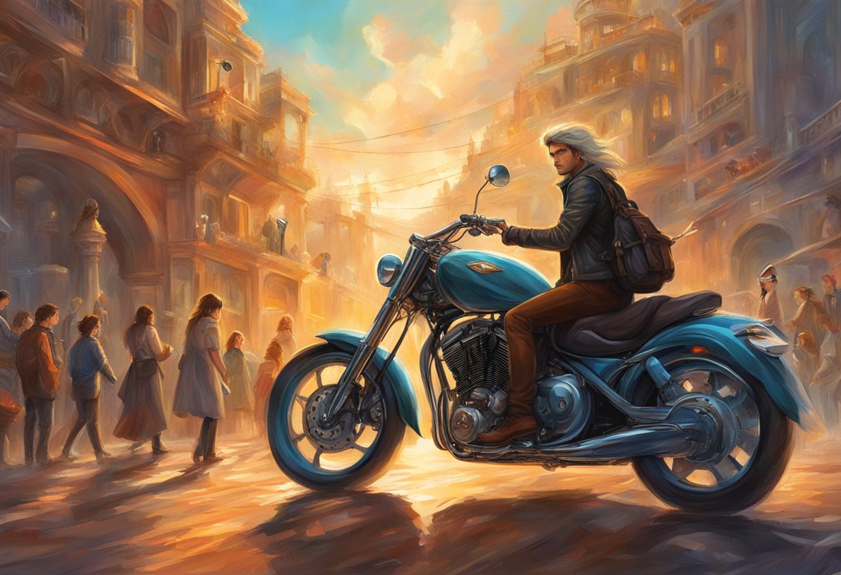 A modern motorcycle suddenly shuts off on a busy city street, surrounded by curious onlookers. The rider looks puzzled as they try to restart the engine