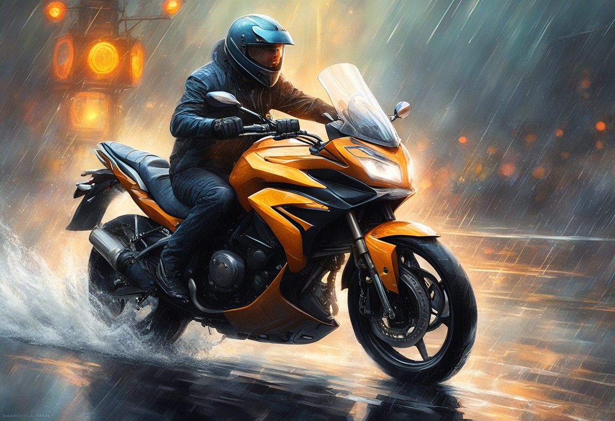 A motorcycle rider navigating through heavy rain with wet roads and reduced visibility. The emergency shut-off system is triggered due to a sudden loss of traction