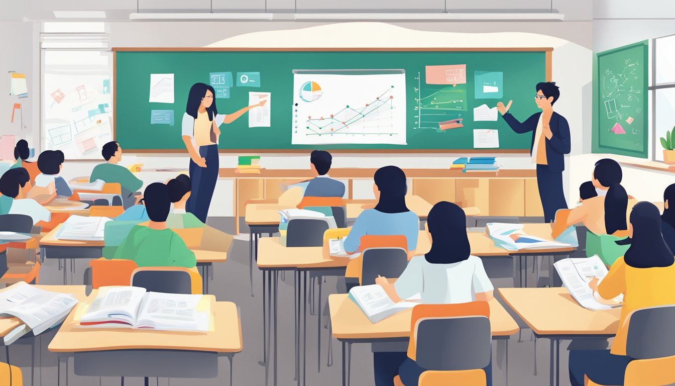A bustling classroom at GP Tuition Tampines, with students engaged in lively discussions, surrounded by whiteboards filled with colorful diagrams and notes