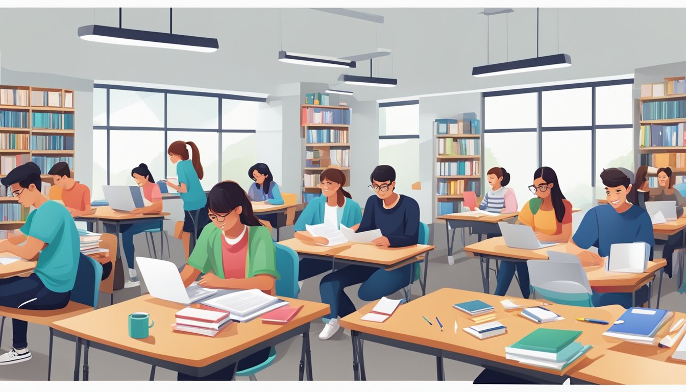 A group of students enrolling in a tuition center, surrounded by textbooks, whiteboards, and educational resources