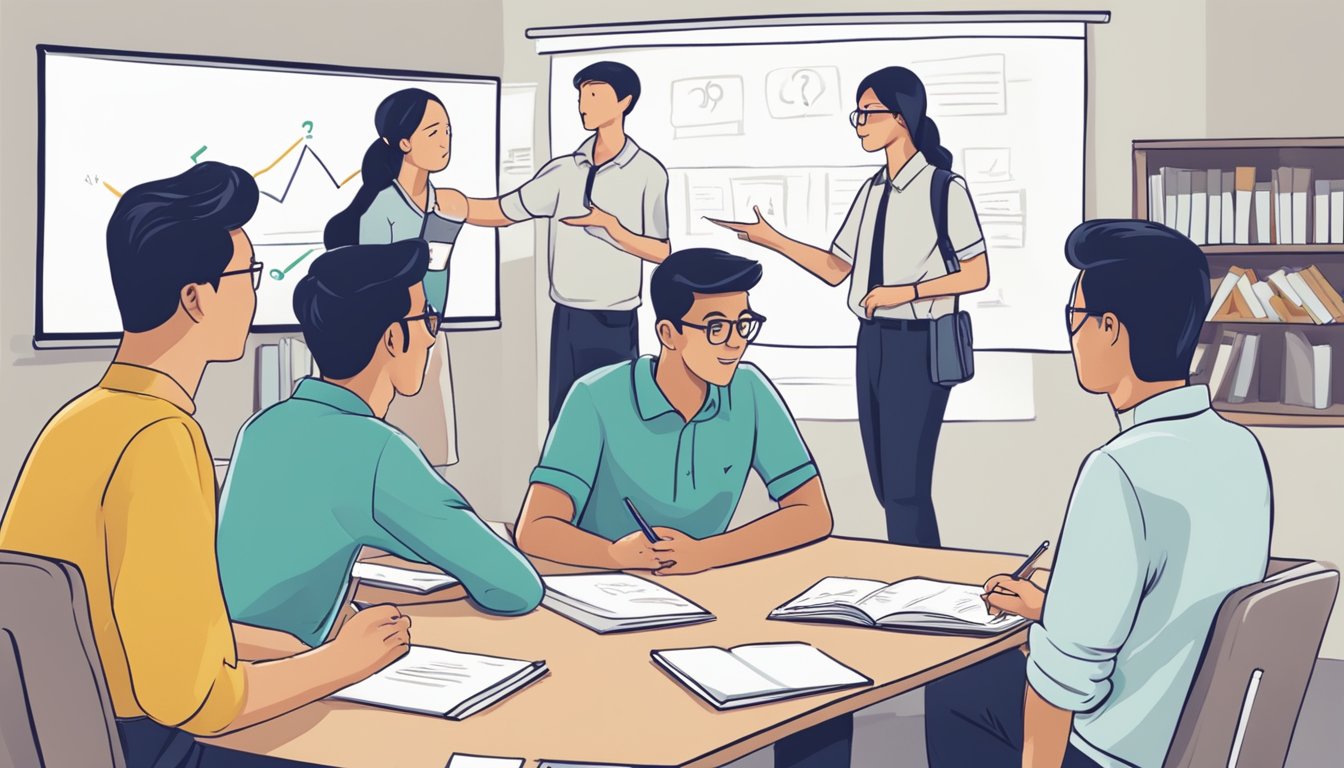 A group of students gathered around a tutor, asking questions. The tutor is pointing to a whiteboard with the words "Frequently Asked Questions gp tuition tampines" written on it