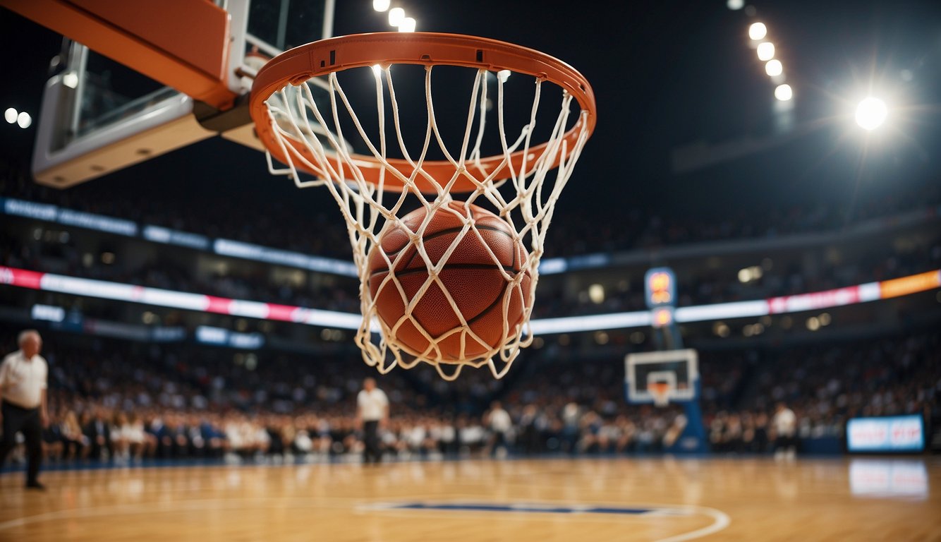 A basketball soaring through the air towards the hoop, capturing the essence of competition and teamwork in the sport