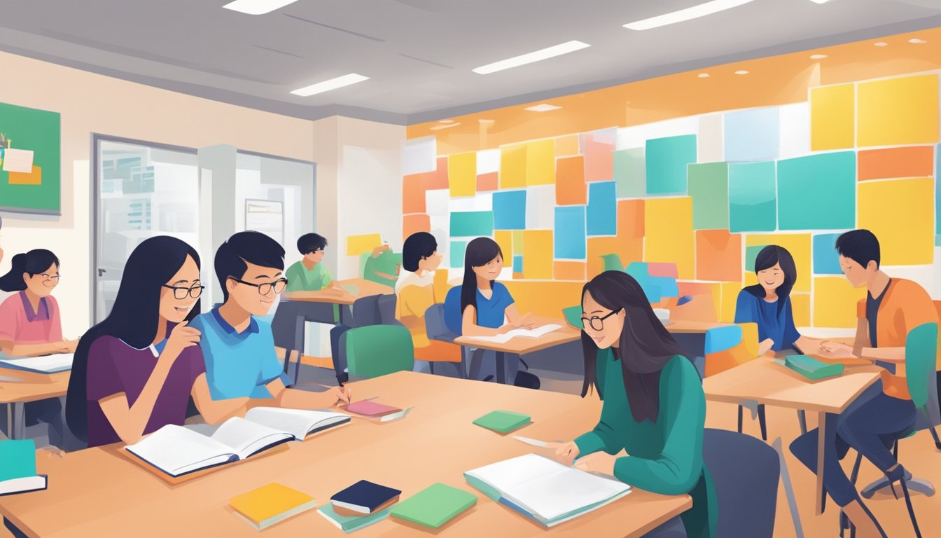 Students engaging in group study, tutors leading discussions, and colorful educational materials decorating the walls of Clementi Tuition Centre