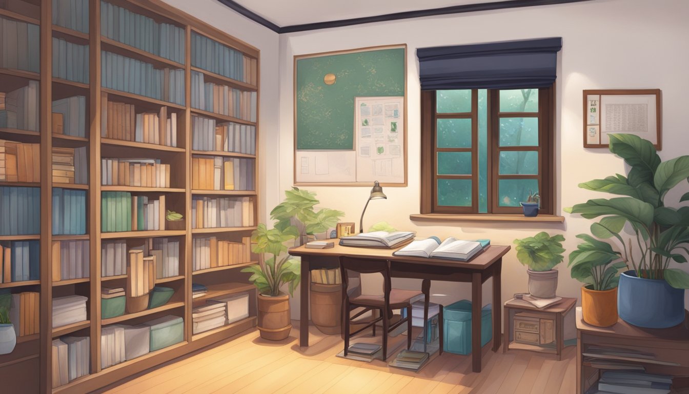 A cozy study room with Chinese textbooks, a whiteboard, and a teacher's desk in a quiet neighborhood in Singapore