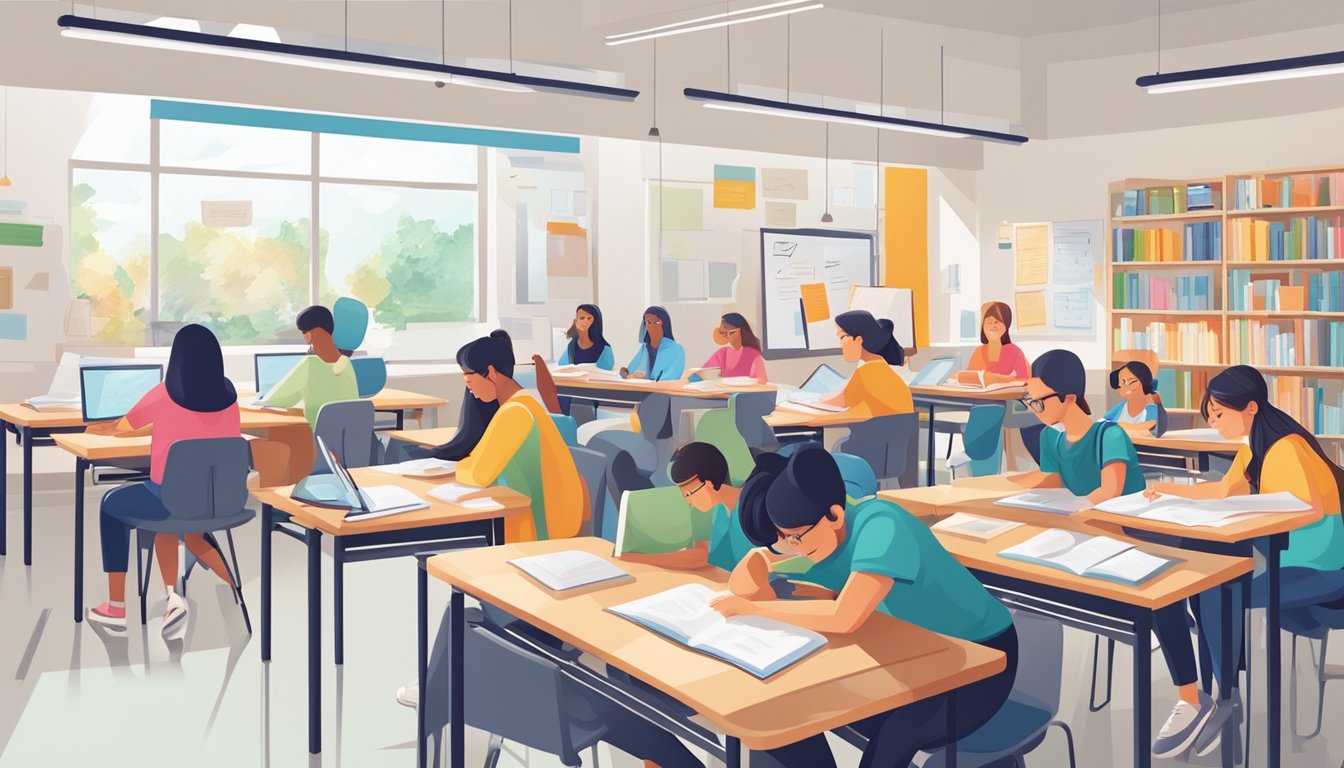 Students engaged in focused learning at a bright, modern tuition centre, surrounded by books, whiteboards, and educational materials