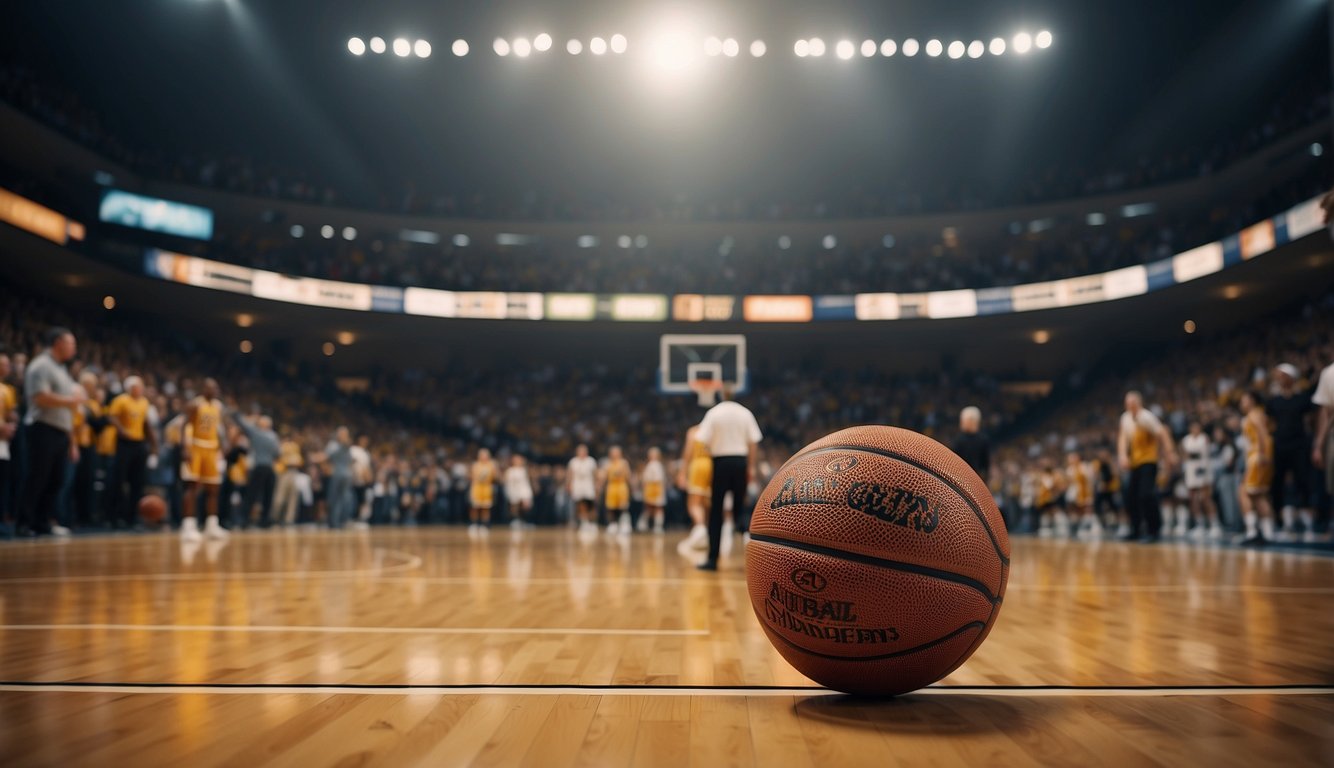 A basketball court filled with cheering fans, while figures of famous players and coaches stand tall, symbolizing the impact of basketball on society