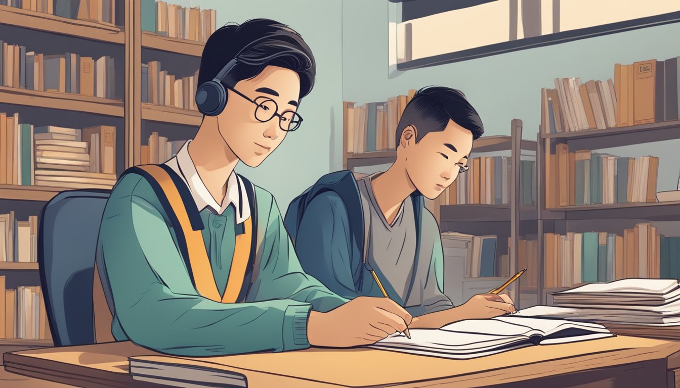 A student sits at a desk, surrounded by Chinese textbooks and writing materials. A tutor stands nearby, explaining a lesson with enthusiasm