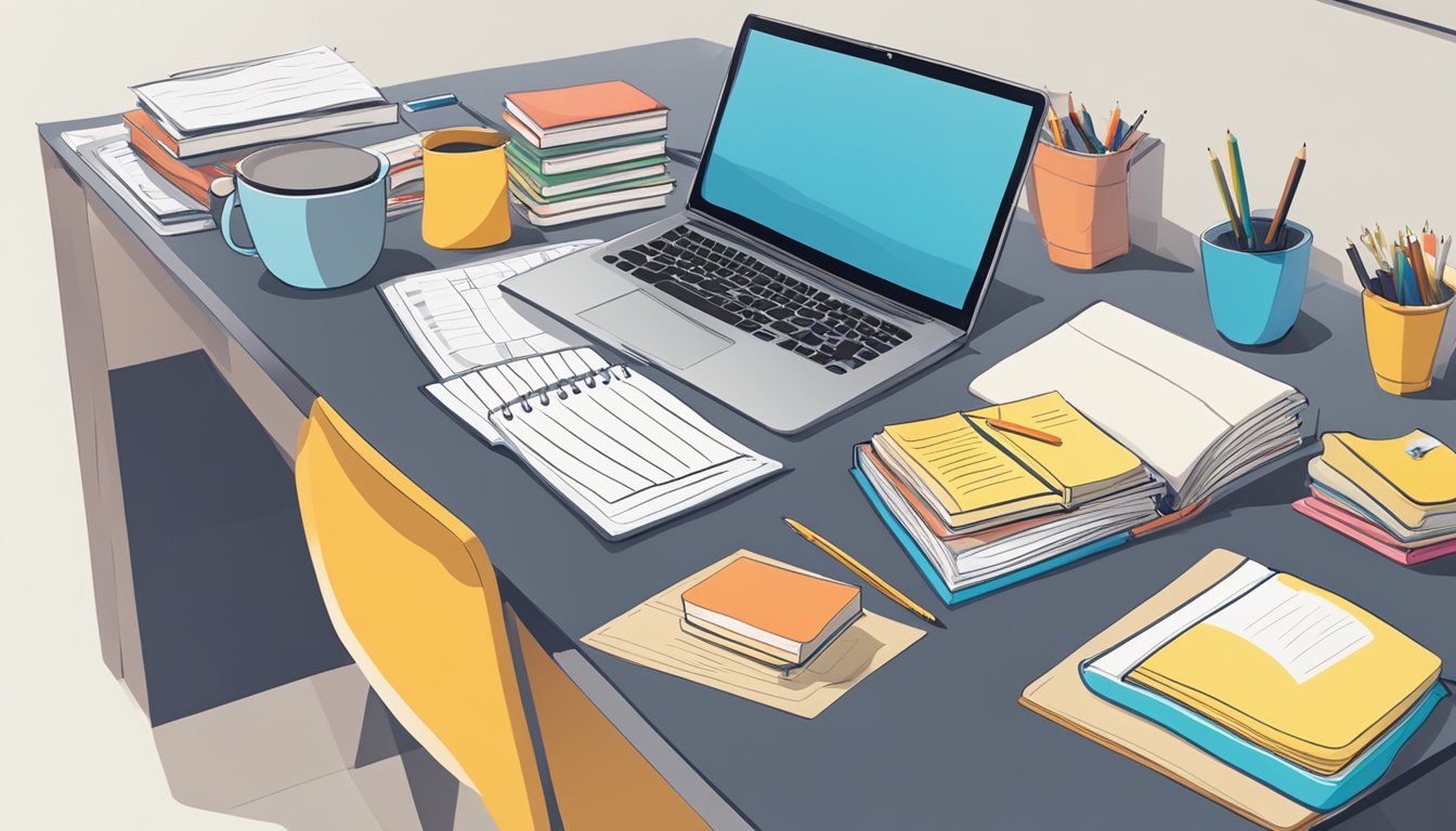A student's desk with textbooks, notes, and a laptop for curriculum and exam preparation private Chinese tuition in Singapore