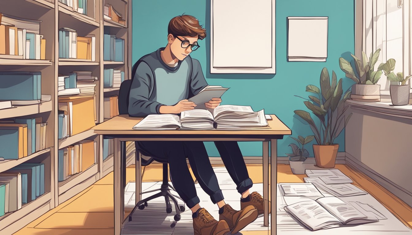 A student sits at a desk, surrounded by textbooks and notes. A tutor stands nearby, explaining concepts. The room is quiet and focused
