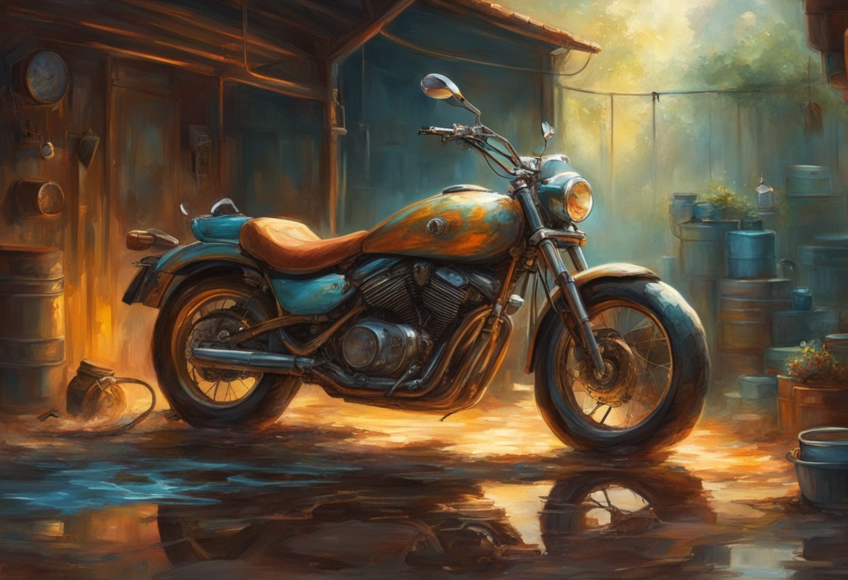 A motorcycle sits in a garage with oil leaking from its transmission after a long ride. The oil forms a small pool on the ground beneath the bike