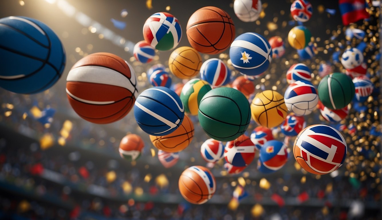 A basketball soaring through the air, surrounded by flags from different countries, symbolizing the global impact and unity of the sport