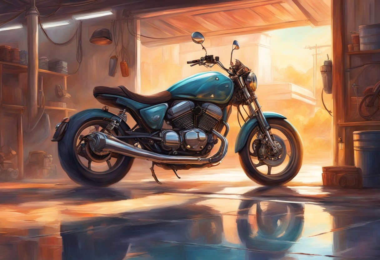 A motorcycle parked on a clean, well-lit garage floor with a visible transmission leak underneath after a long ride