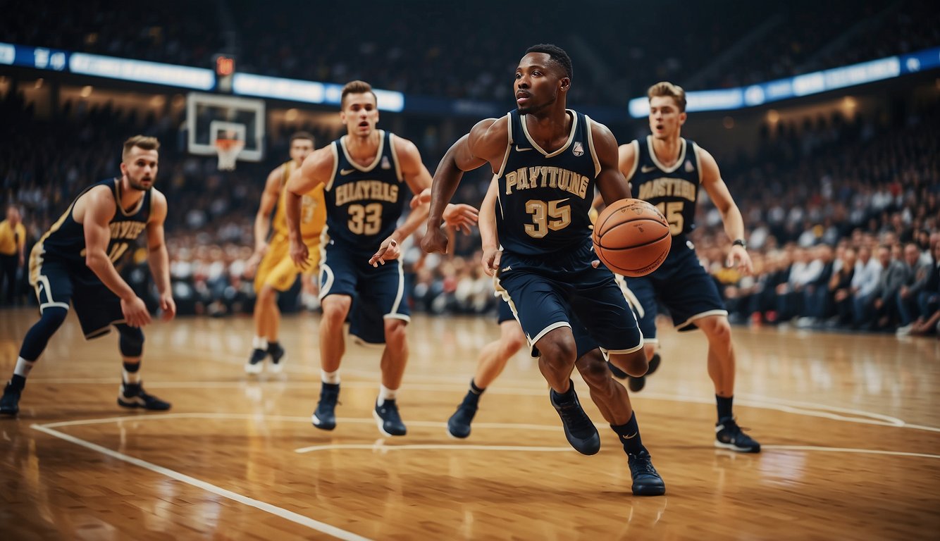 Players dribbling, passing, and shooting on a basketball court with spectators cheering and coaches strategizing