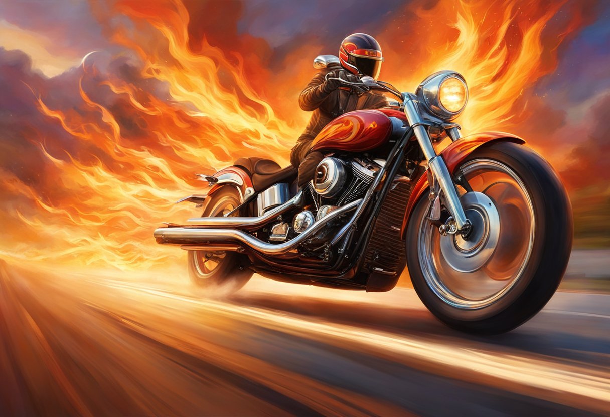 A motorcycle speeding down a highway with flames shooting out of the exhaust pipe, indicating excess fuel burning