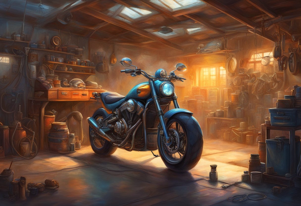 A motorcycle parked in a garage, with the engine exposed and a mechanic diagnosing fuel system issues using diagnostic tools and equipment