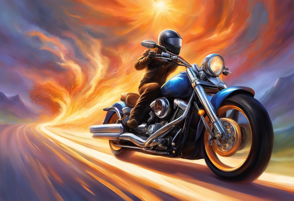 The motorcycle is speeding down the highway with smoke billowing from the exhaust, indicating a problem with burning excess fuel at high speeds