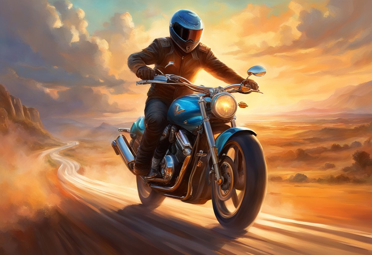 A motorcycle races down a straight road, with the throttle wide open and the engine roaring as it burns excess fuel at high speeds