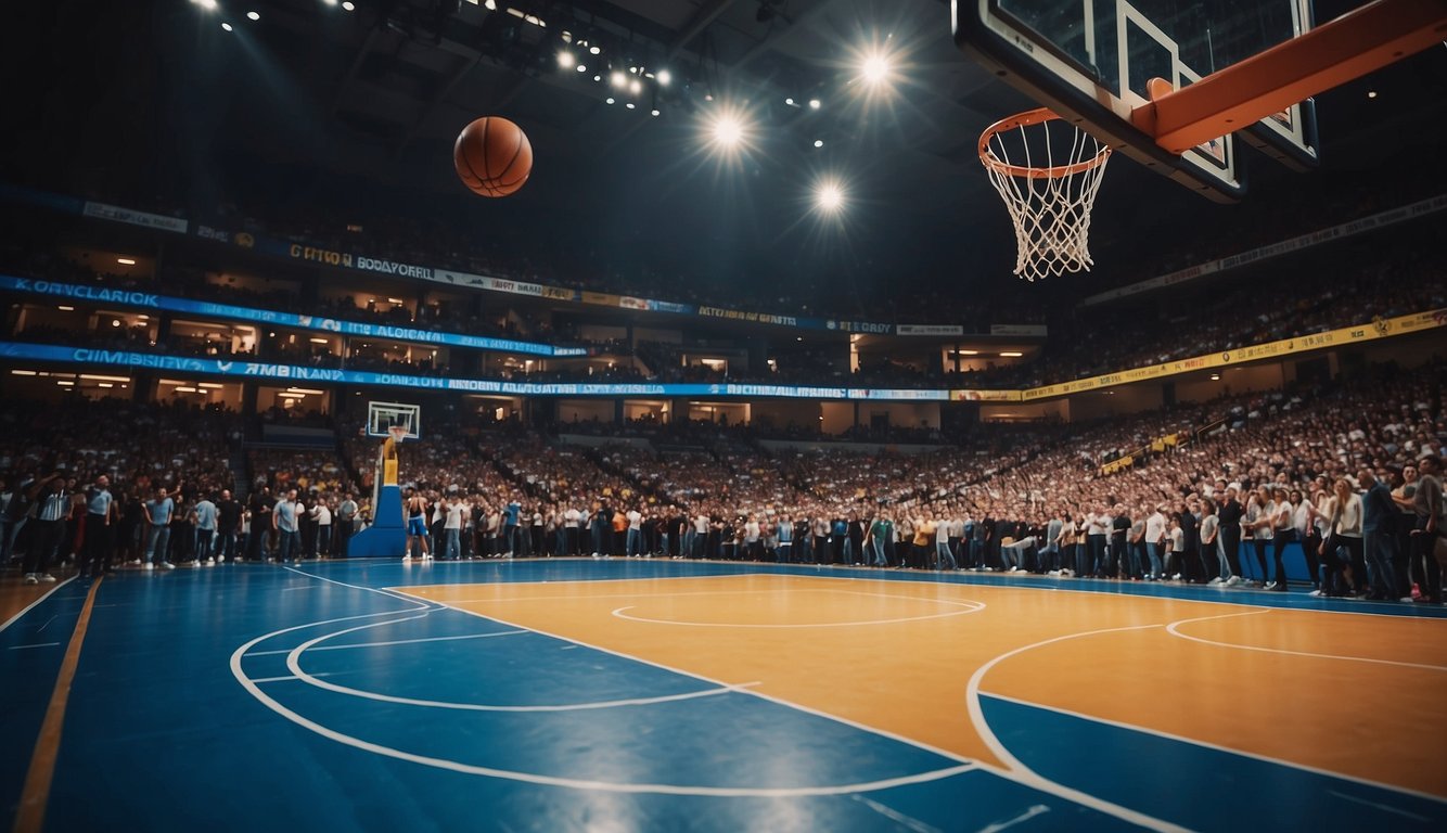 A basketball court with cheering fans, jerseys of famous players, and a hoop with a ball going through the net