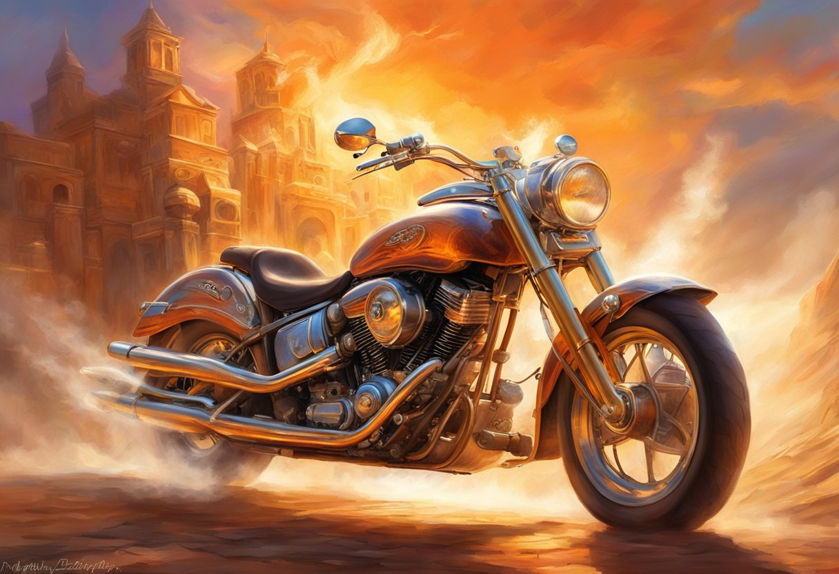 A motorcycle engine overheats on a hot day, steam rising from the radiator as the temperature gauge climbs. The rider pulls over to let the engine cool down