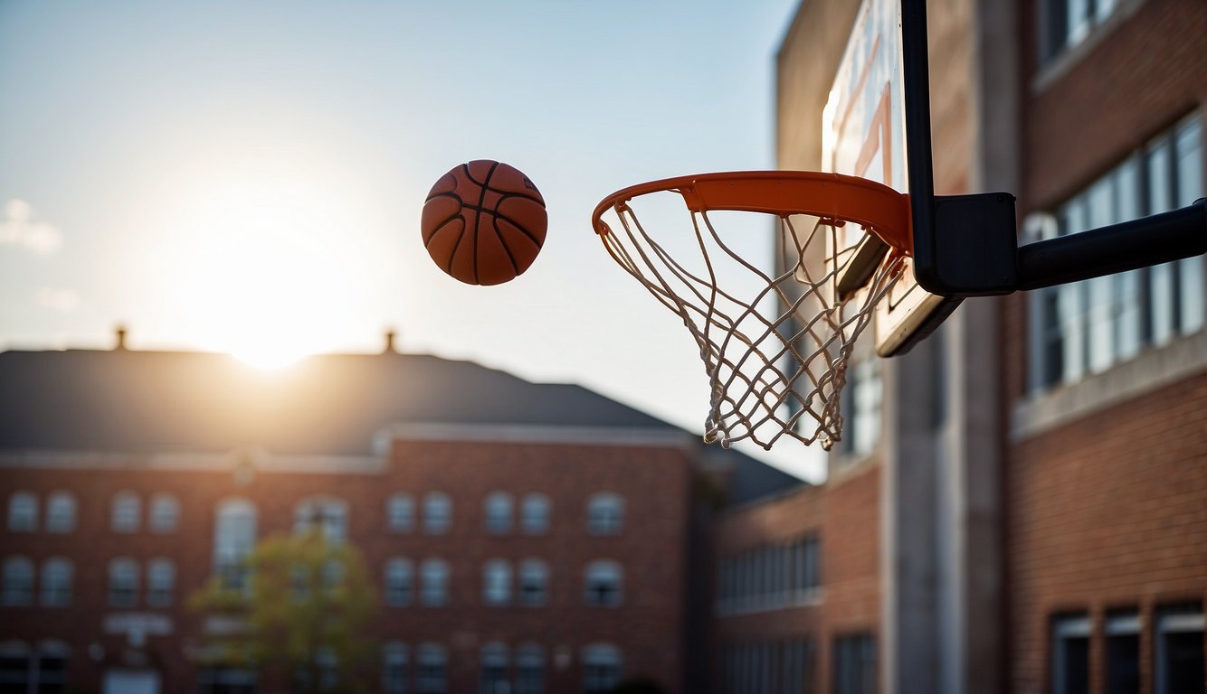 A basketball hoop stands tall against a backdrop of a school building, symbolizing the influence of the sport on education and youth in American culture