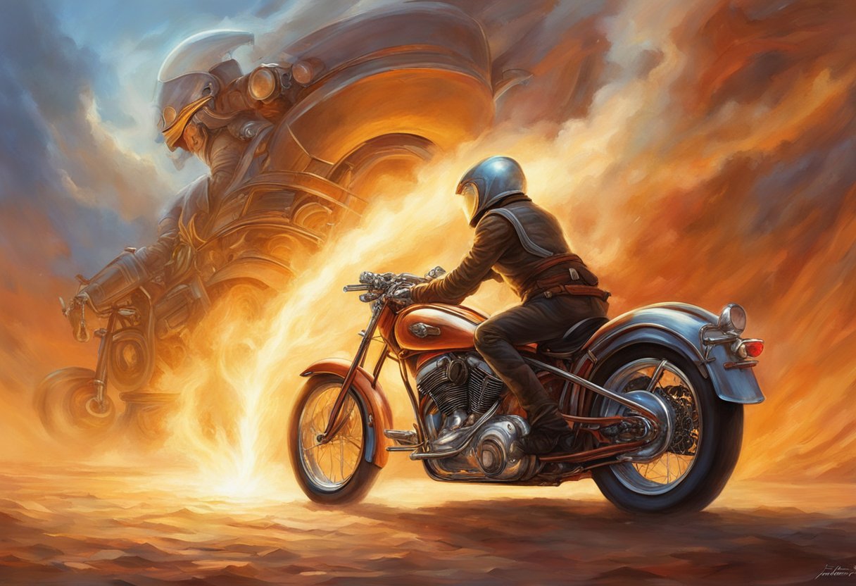 The motorcycle engine emits smoke as it overheats, with steam rising from the radiator. The rider looks concerned as they pull over to inspect the issue