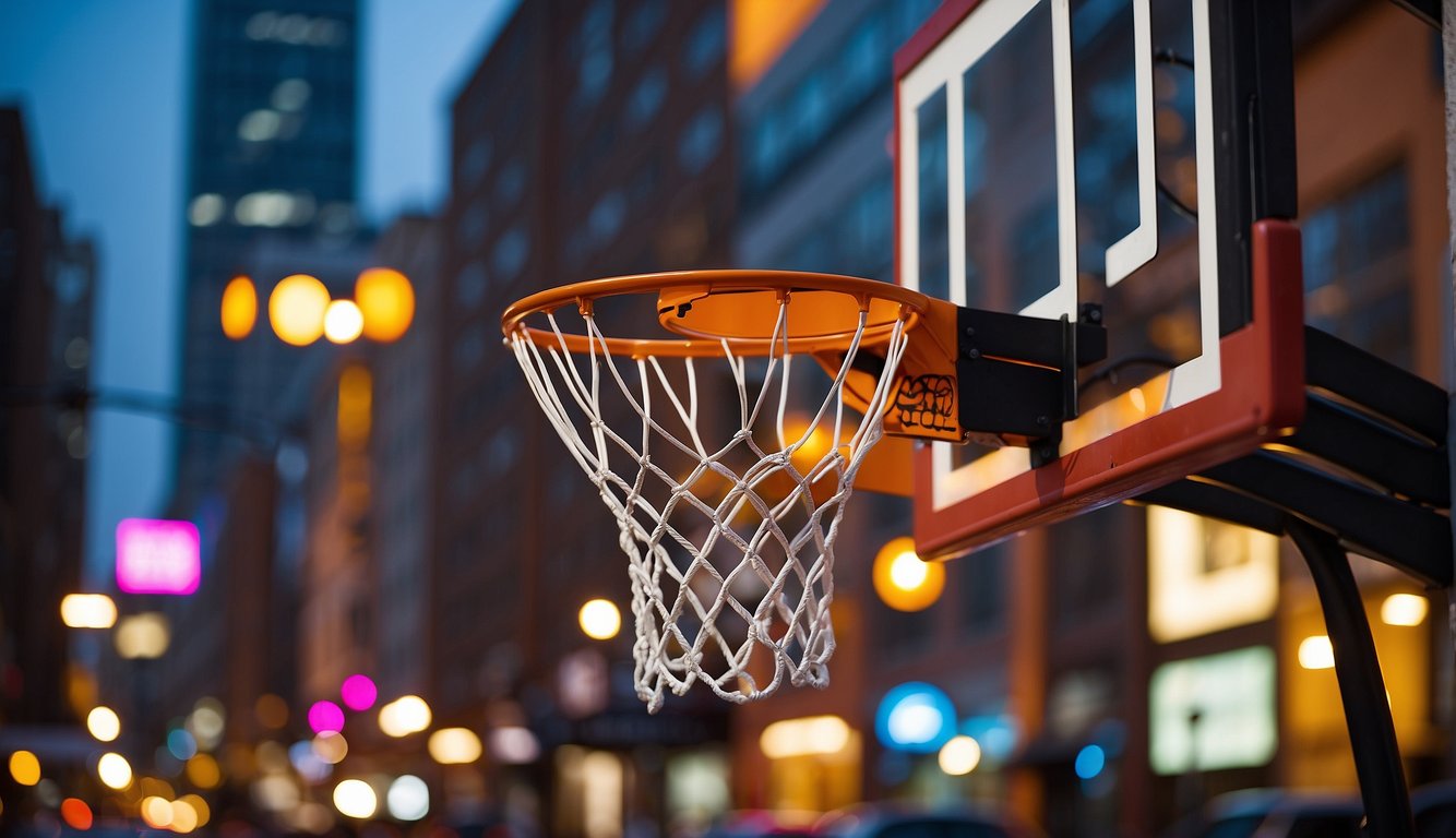 A basketball hoop stands in a vibrant urban setting, surrounded by media and technology symbols. The hoop is central, symbolizing the importance of basketball in American culture