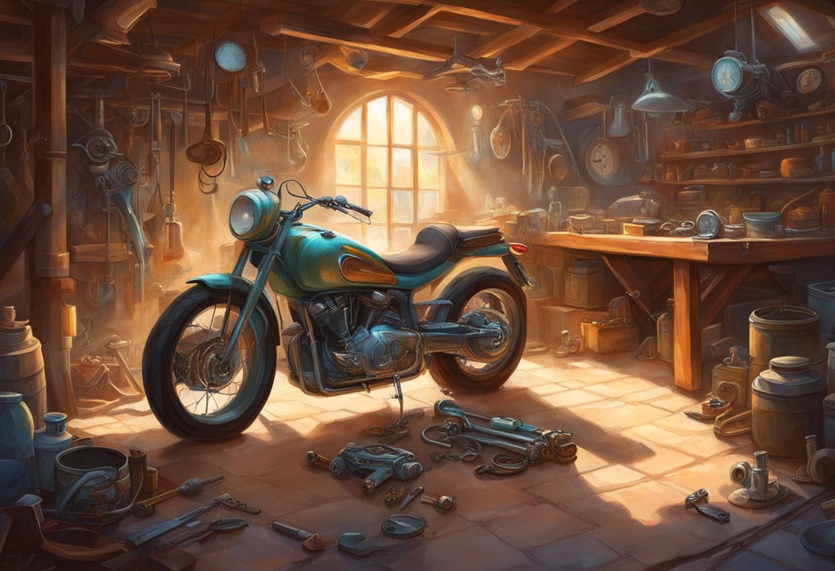 A motorcycle is parked in a garage with tools scattered around. The gearbox and clutch are exposed, and a person is seen inspecting and working on them. The motorcycle appears to have shifting issues