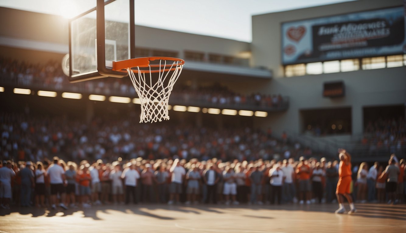 A basketball hoop surrounded by cheering fans, with merchandise and concession stands, symbolizing the economic influence of basketball on American culture