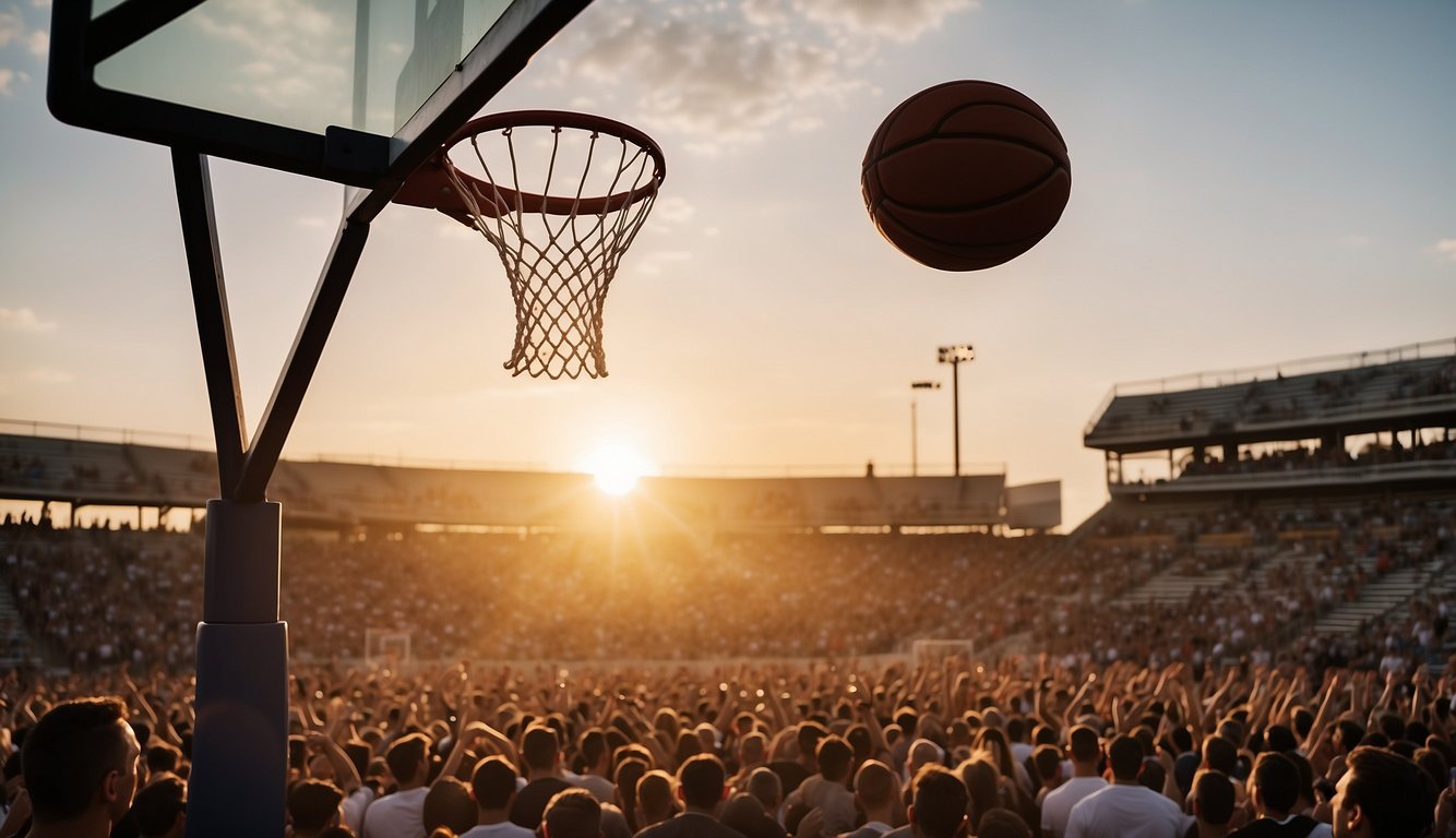 A basketball hoop stands tall against a sunset-lit sky, surrounded by cheering fans and players in a packed stadium