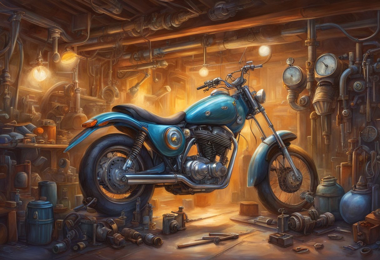 An engine being inspected and fixed with tools and parts scattered around a motorcycle in a garage