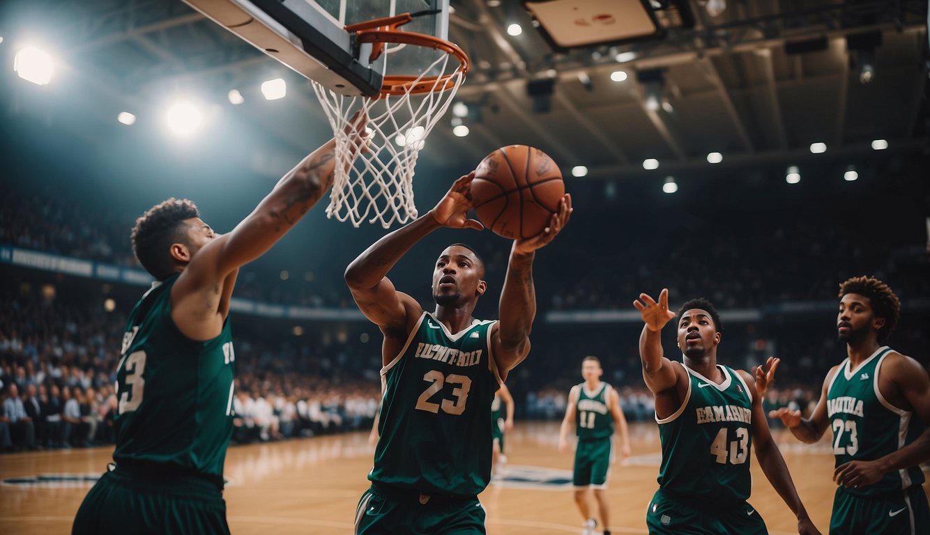 A basketball soaring through the air towards the hoop, surrounded by players in action, capturing the intensity and teamwork of the game