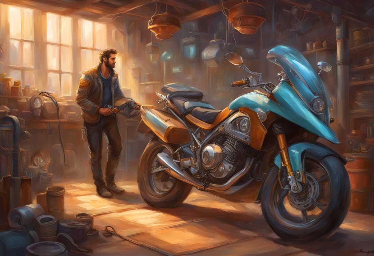 A motorcycle parked in a garage, with a mechanic checking the engine and making adjustments according to the preventive measures and best practices outlined in the article