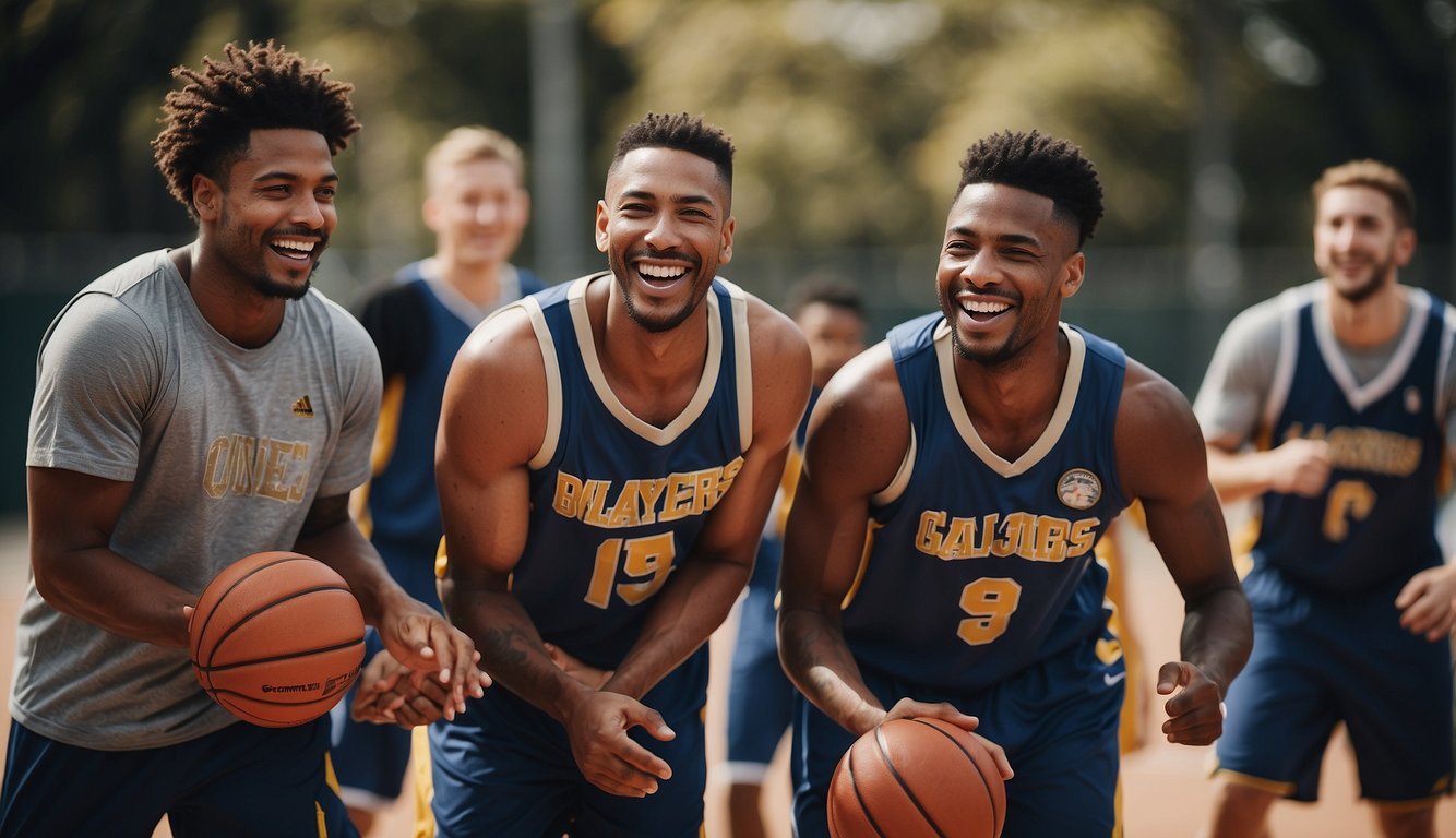 Players on a basketball court, smiling and laughing, showing teamwork and camaraderie, illustrating the importance of mental and emotional well-being through the sport