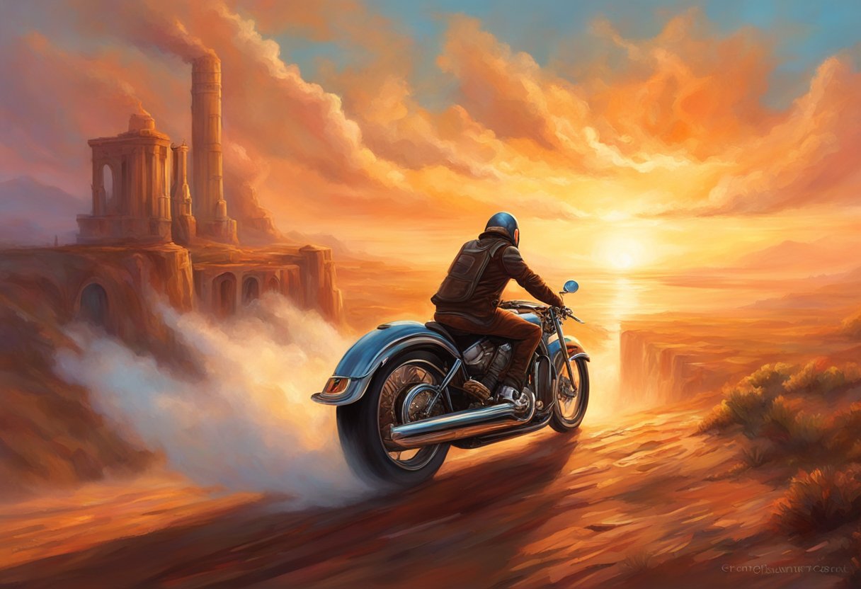 A motorcycle engine overheats on a long ride, steam rising from the radiator as the rider pulls over to let it cool down