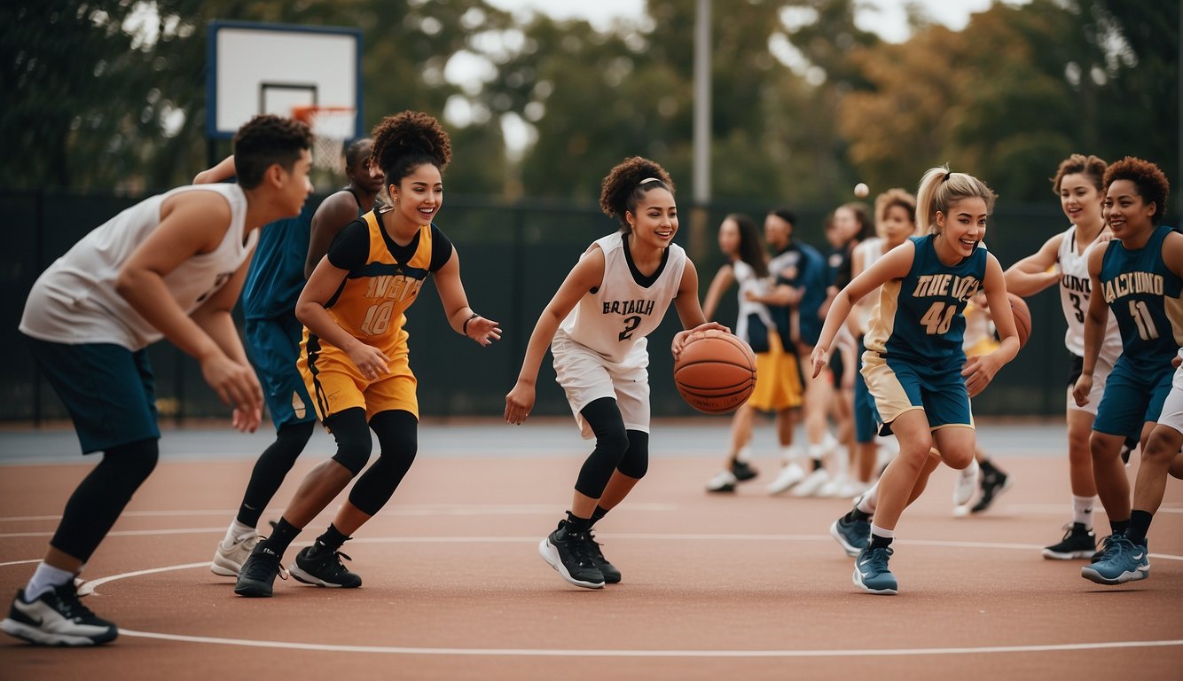 A diverse group of people of different ages, genders, and abilities are playing basketball together on a fully accessible court, highlighting the importance of inclusivity in sports