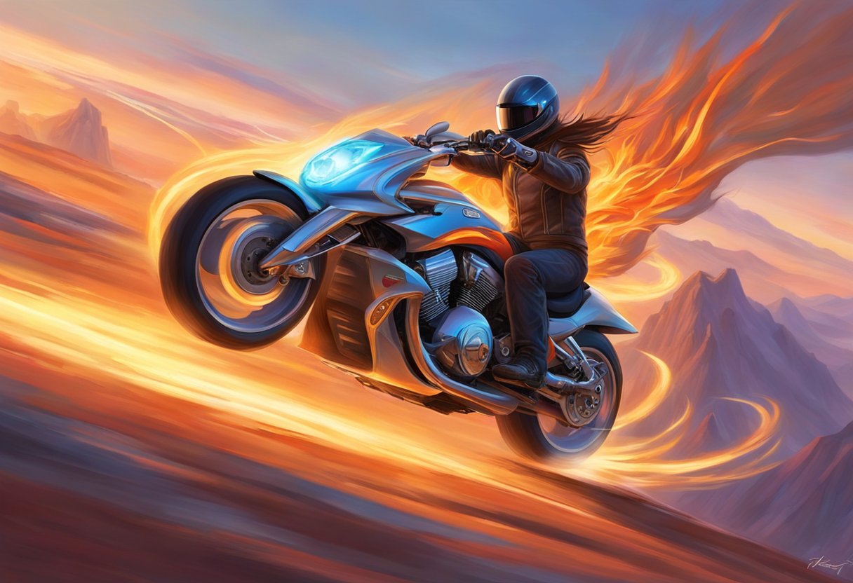 The motorcycle is cruising down a winding road, with the rider using proper riding techniques to manage engine heat. The engine is visible, emitting heat waves as the bike moves forward