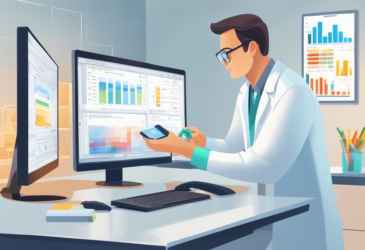 A lab technician measures enzyme levels in a blood sample, while a doctor reviews test results on a computer screen