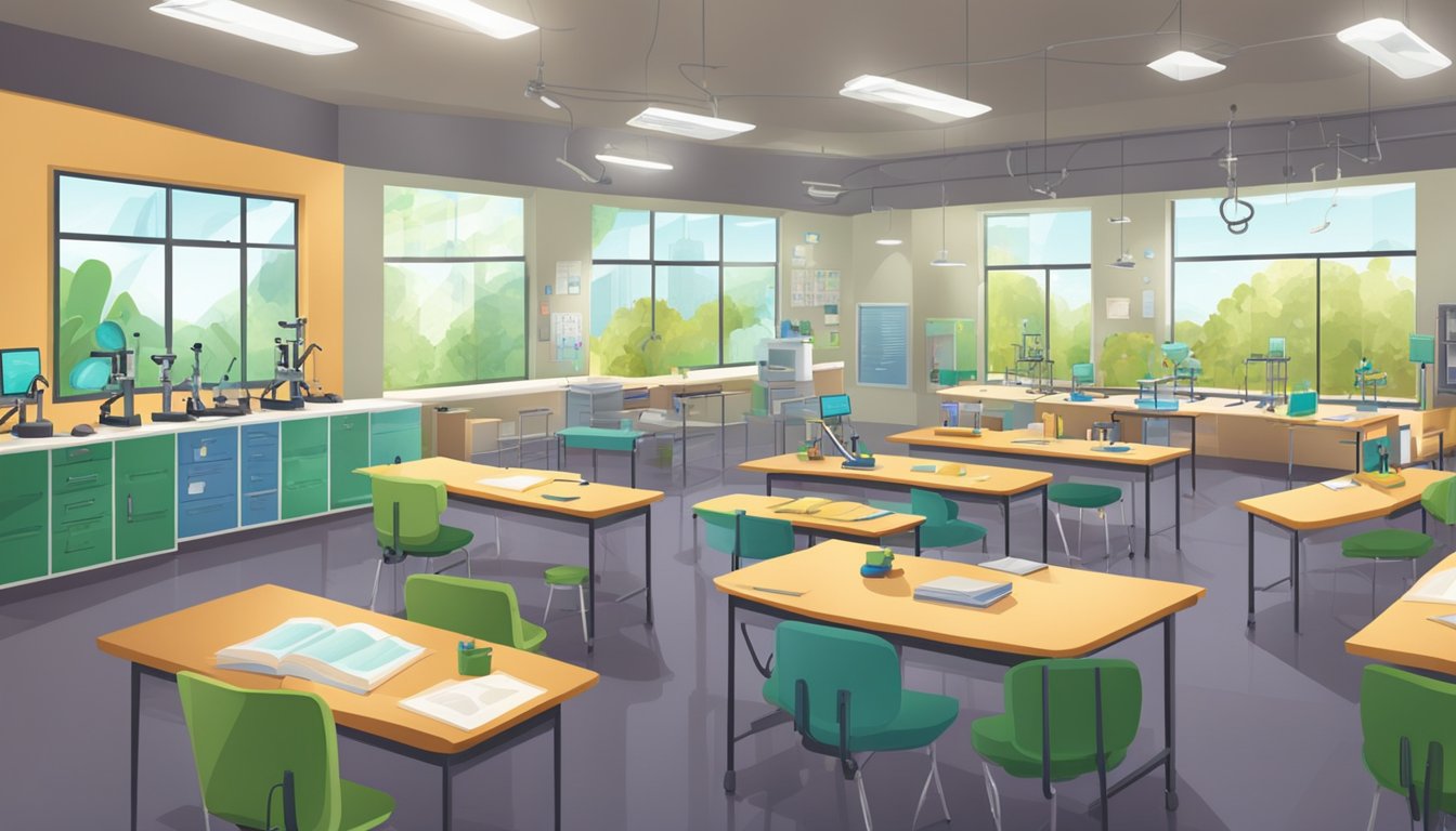 Best Biology Tuition in Singapore: Ace Your Exams with Top Tutors Brightly lit classroom with biology textbooks and diagrams on the walls. Microscopes and lab equipment on tables. Knowledgeable tutors engaging with students