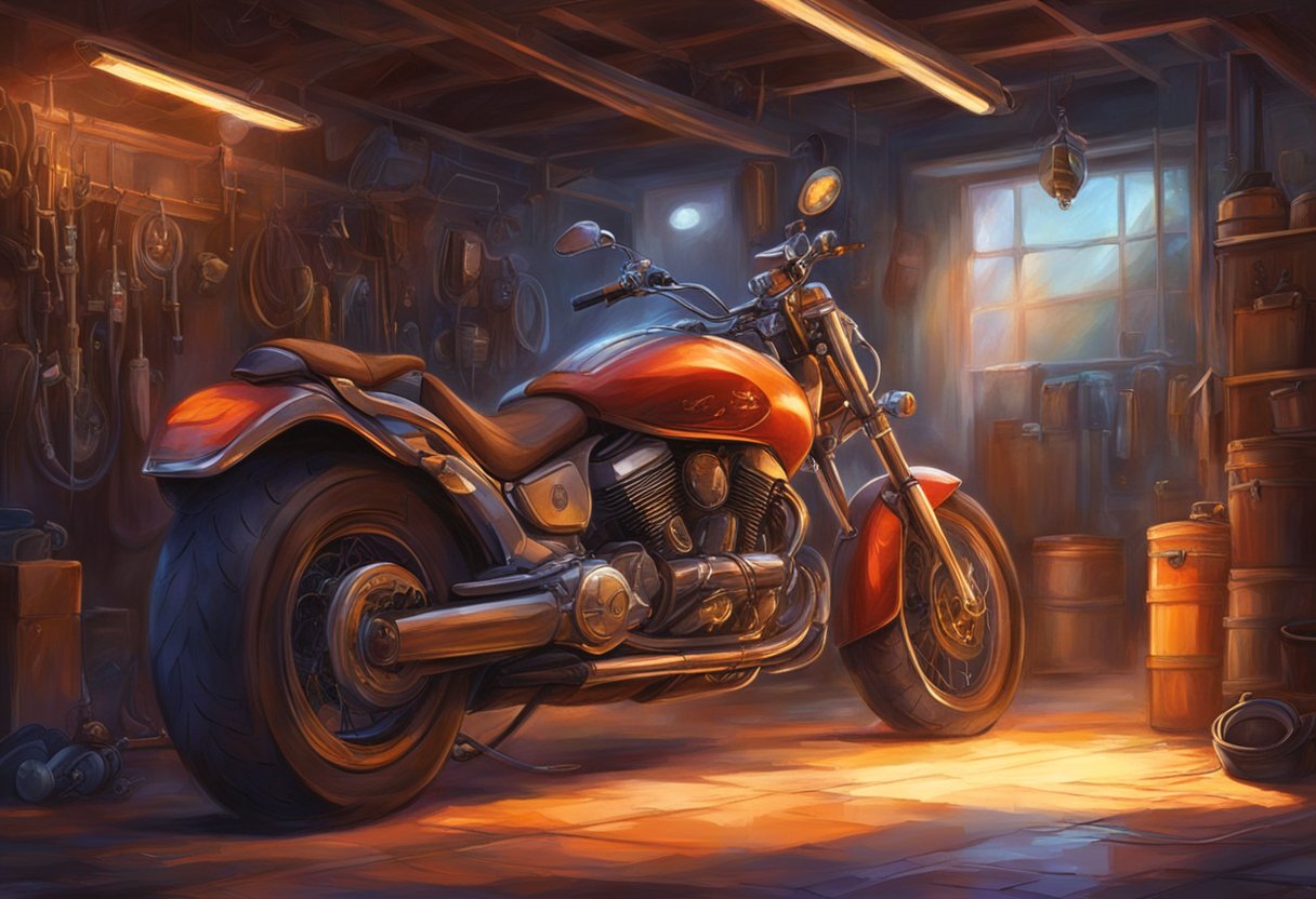A motorcycle parked in a dimly lit garage, with a person installing auxiliary lights using wires and tools