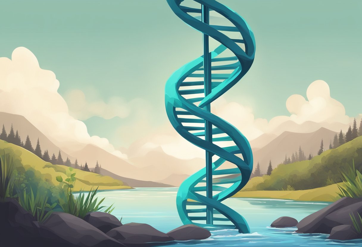 A DNA double helix unwinds, revealing genetic code. Nearby, a polluted river flows, symbolizing environmental factors. Enzymes struggle to break down toxins