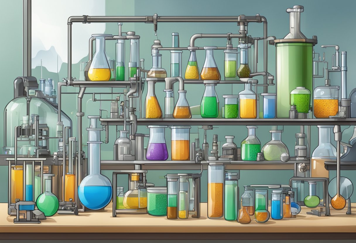 A laboratory setting with various medical equipment and vials of enzymes, illustrating the impact of enzyme deficiencies on health