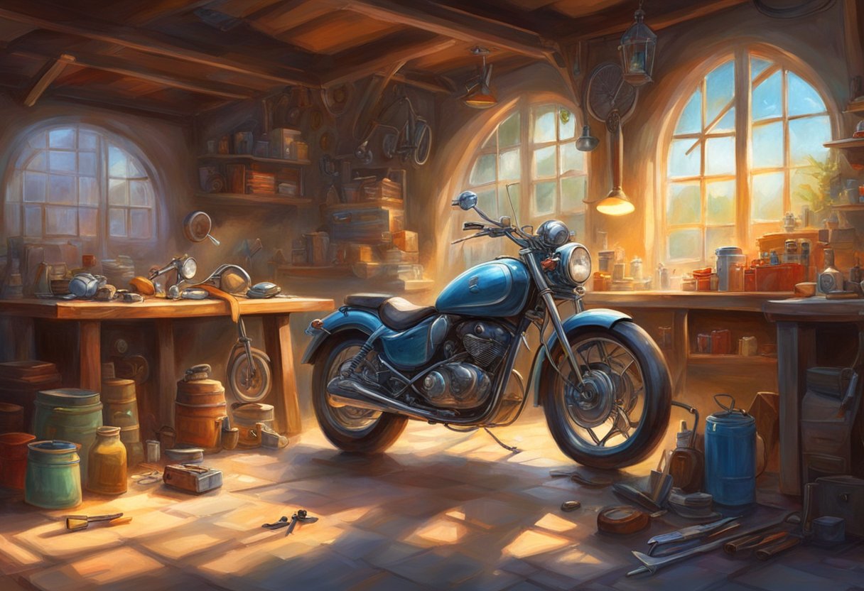 A motorcycle's broken odometer is being fixed with a screwdriver and new parts on a workbench in a well-lit garage