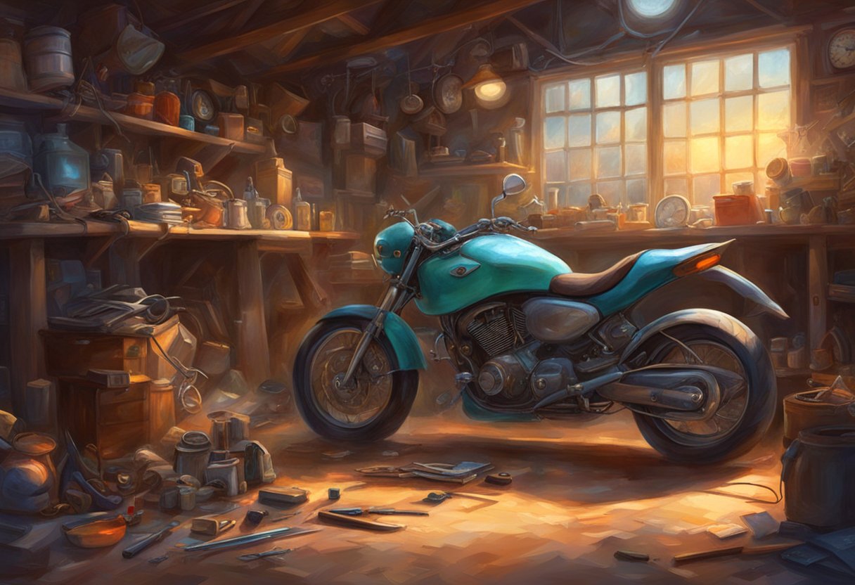 A motorcycle parked in a garage with the odometer exposed and tools scattered around, a person working on fixing the broken odometer