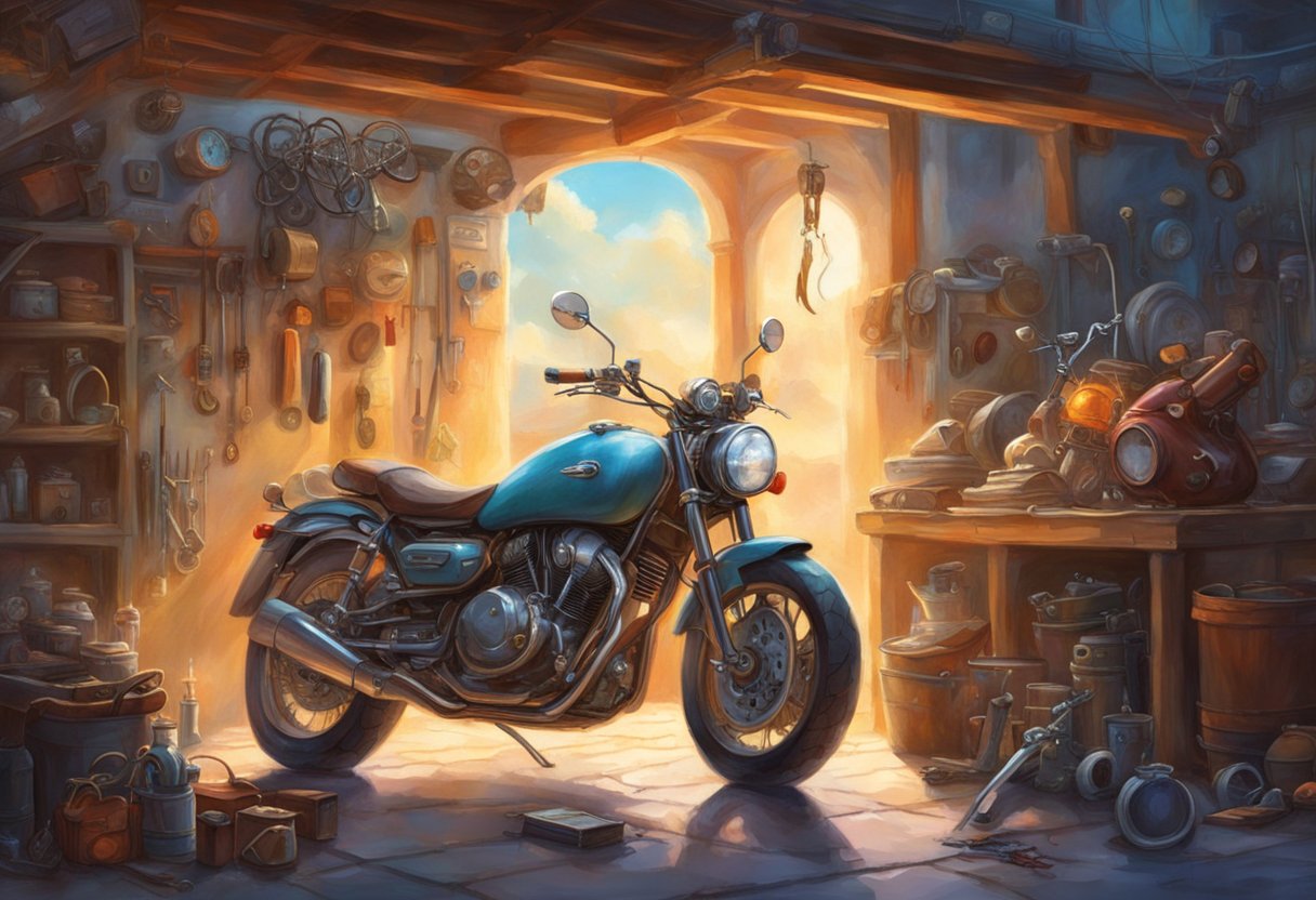 A hand reaches down to the motorcycle's odometer, using a tool to carefully adjust the numbers. The bike is parked in a well-lit garage, with tools and parts scattered around